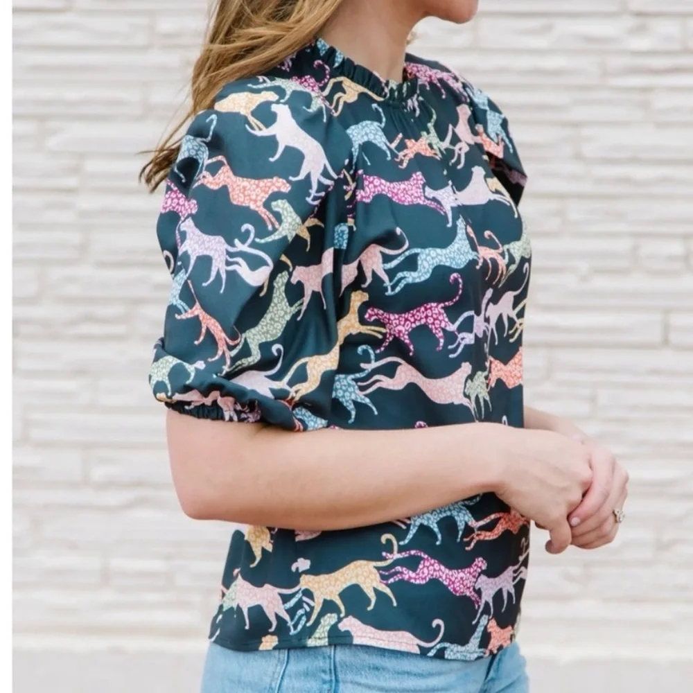 Michelle McDowell Women's Black Cheetah Print Ruffle Puff Libby Top Shirt Blouse - Picture 2 of 6